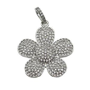 copper Flower pendant pave zircon, platinum plated, approx 25mm