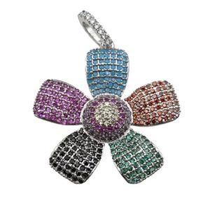 copper Flower pendant pave zircon, multicolor, platinum plated, approx 28mm