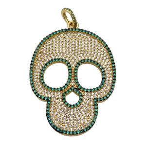 copper Skull charm pendant pave zircon, gold plated, approx 35-45mm