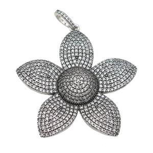 copper Flower pendant pave zircon, antique silver, approx 40mm