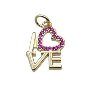 copper LOVE pendant pave zircon, heart, gold plated, approx 12-15mm