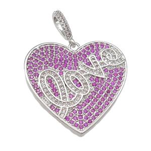 copper Heart pendant pave hotpink zircon, LOVE, platinum plated, approx 28mm