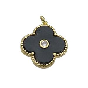 copper Clover pendant pave black shell, gold plated, approx 18mm