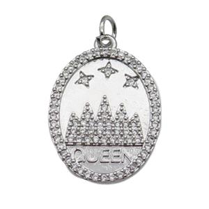 copper oval pendant pave zircon, castle, platinum plated, approx 16-21mm