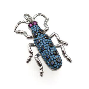 copper Ladybug pendant pave turq zircon, platinum plated, approx 20-30mm