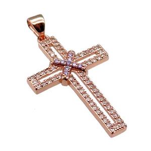 copper christian Cross pendant pave zircon, rose gold, approx 19-30mm