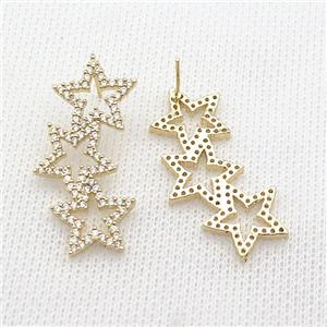 copper Stud Earring pave zircon, starlink, gold plated, approx 15-37mm