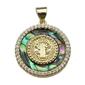 copper circle pendant pave abalone shell, jesus, gold plated, approx 20mm dia