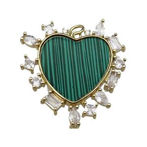 copper heart pendant pave malachite zircon, gold plated, approx 30mm