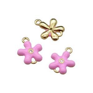 copper flower connector with pink enamel, gold plated, approx 9mm