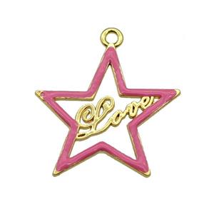 copper Star pendant with pink enamel, LOVE, gold plated, approx 33-35mm