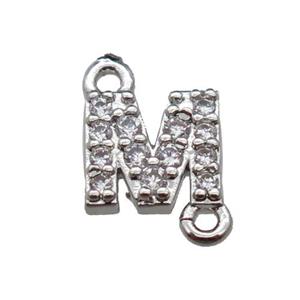 copper letter-M connector pave zircon, platinum plated, approx 8mm