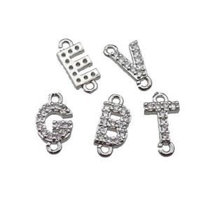 mix copper letter alphabet connector pave zircon, platinum plated, approx 8mm