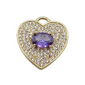 copper Heart pendant pave zircon, purple, gold plated, approx 17mm