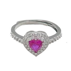 copper Heart Ring pave zircon hotpink adjustable platinum plated, approx 10mm, 18mm dia