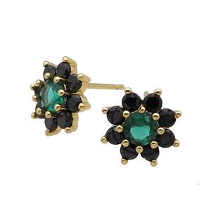 copper flower Stud Earring pave zircon black gold plated, approx 11mm dia