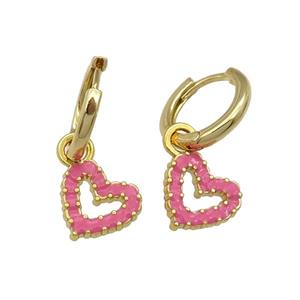 copper Hoop Earring pink enamel heart gold plated, approx 11mm, 14mm dia