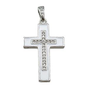 copper Cross pendant pave zircon white enamel platinum plated, approx 17-25mm