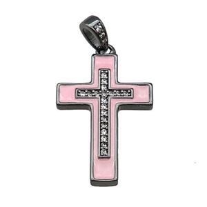 copper Cross pendant pave zircon pink enamel black plated, approx 17-25mm