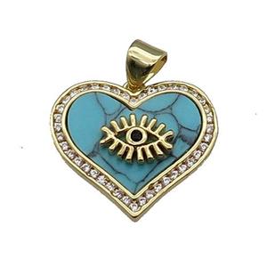 copper Heart pendant pave zircon blue turquoise eye gold plated, approx 20mm