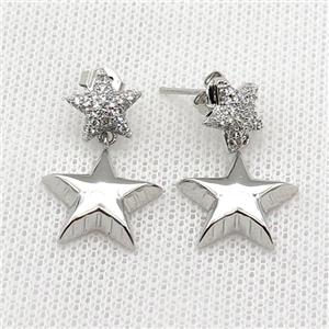 copper Stud Earring pave zircon star platinum plated, approx 10mm, 15mm