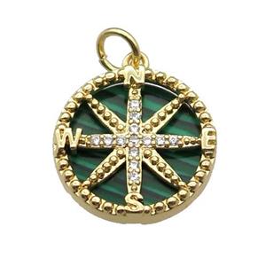 copper Compass pendant pave zircon malachite gold plated, approx 16mm dia