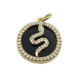 copper circle snake pendant pave zircon black stone gold plated, approx 16mm dia