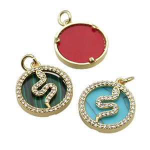 mix copper circle snake pendant pave zircon gemstone gold plated, approx 16mm dia