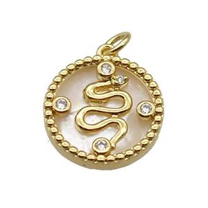 copper circle snake pendant pave zircon shell gold plated, approx 16mm dia