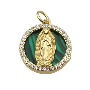 copper circle pendant pave zircon malachite Jesus gold plated, approx 16mm dia