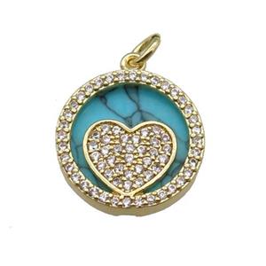 copper circle pendant pave zircon turquoise Heart gold plated, approx 16mm dia