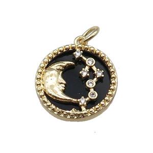 copper circle pendant pave zircon black stone Moon gold plated, approx 16mm dia