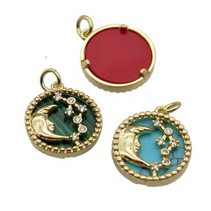 mix copper circle pendant pave zircon gemstone Moon gold plated, approx 16mm dia