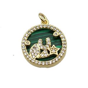 copper circle pendant pave zircon malachite star gold plated, approx 16mm dia