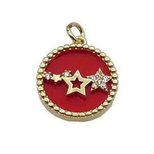 copper circle pendant pave zircon red stone star gold plated, approx 16mm dia