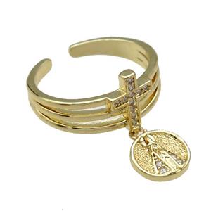 copper Ring pave zircon cross gold plated, approx 7-10mm, 8mm, 18mm dia