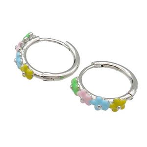 copper Hoop Earrings flower multicolor enamel platinum plated, approx 16mm dia