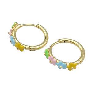 copper Hoop Earrings flower multicolor enamel gold plated, approx 16mm dia