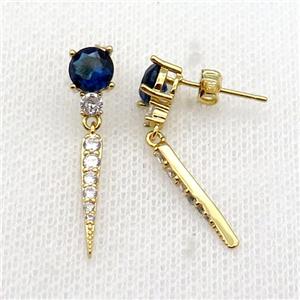 copper Stud Earring pave zircon gold plated, approx 6mm, 18mm