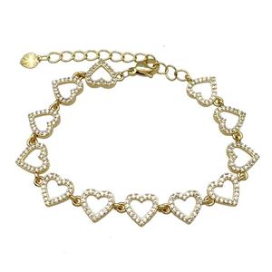 Copper Heart Bracelet Pave Zircon Gold Plated, approx 9.5mm, 15-21cm length