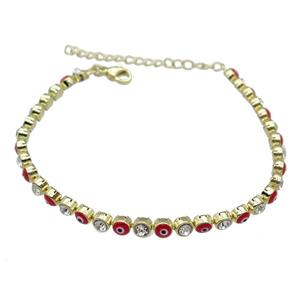 Copper Red Enamel Evil Eye Bracelet Pave Zircon Gold Plated, approx 4.5mm, 16-21cm length