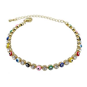 Copper Multicolor Enamel Evil Eye Bracelet Pave Zircon Gold Plated, approx 4.5mm, 16-21cm length