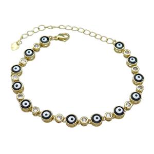 Copper Black Enamel Evil Eye Bracelet Pave Zircon Gold Plated, approx 6.5mm, 17-24cm length