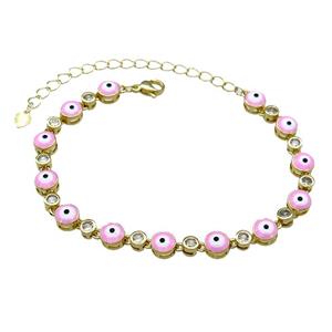 Copper Pink Enamel Evil Eye Bracelet Pave Zircon Gold Plated, approx 6.5mm, 17-24cm length