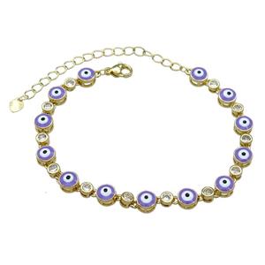 Copper Lavender Enamel Evil Eye Bracelet Pave Zircon Gold Plated, approx 6.5mm, 17-24cm length