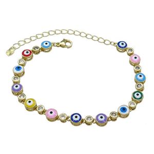 Copper Multicolor Enamel Evil Eye Bracelet Pave Zircon Gold Plated, approx 6.5mm, 17-24cm length