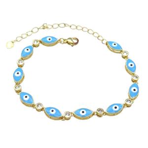 Copper Blue Enamel Evil Eye Bracelet Pave Zircon Gold Plated, approx 6.5-12mm, 18-25cm length