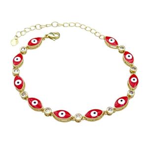 Copper Red Enamel Evil Eye Bracelet Pave Zircon Gold Plated, approx 6.5-12mm, 18-25cm length