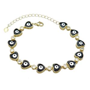 Copper Heart Black Enamel Evil Eye Bracelet Pave Zircon Gold Plated, approx 9.5mm, 18-25cm length