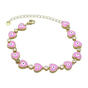 Copper Heart Pink Enamel Evil Eye Bracelet Pave Zircon Gold Plated, approx 9.5mm, 18-25cm length